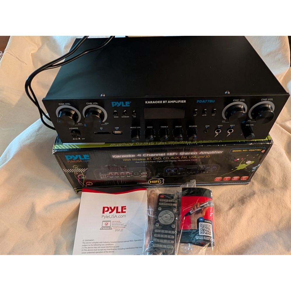 Pyle PDA77BU Karaoke 4 Channel HiFi Stereo Amplifier Bluetooth USB SD FM Black